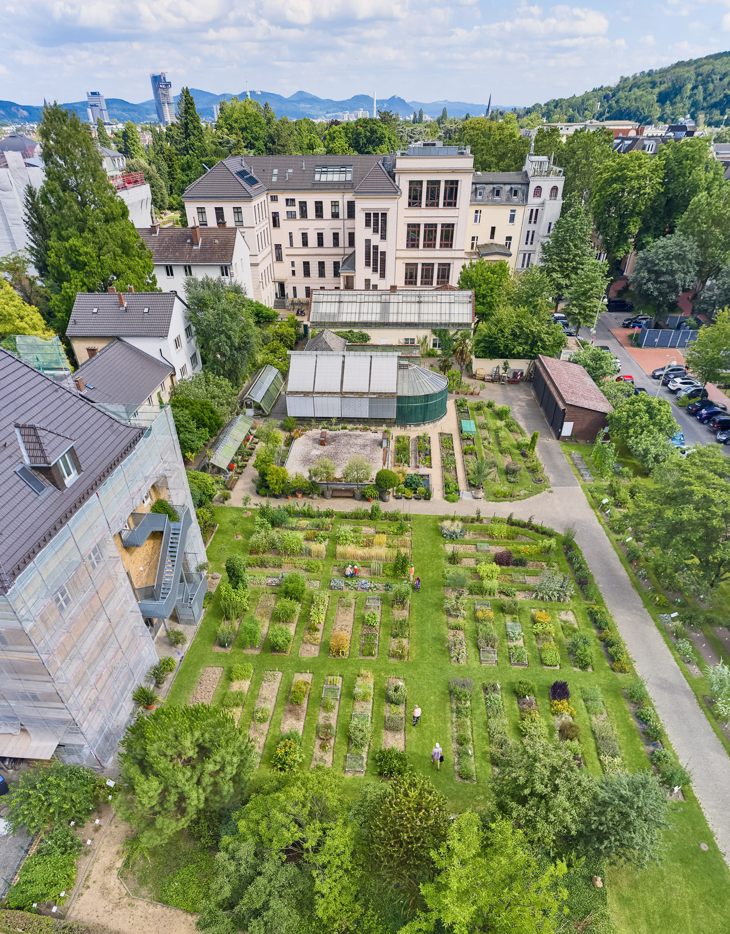 Blick aus der Vogelperspektive in einen Garten mit Häusern im Hintergrund
